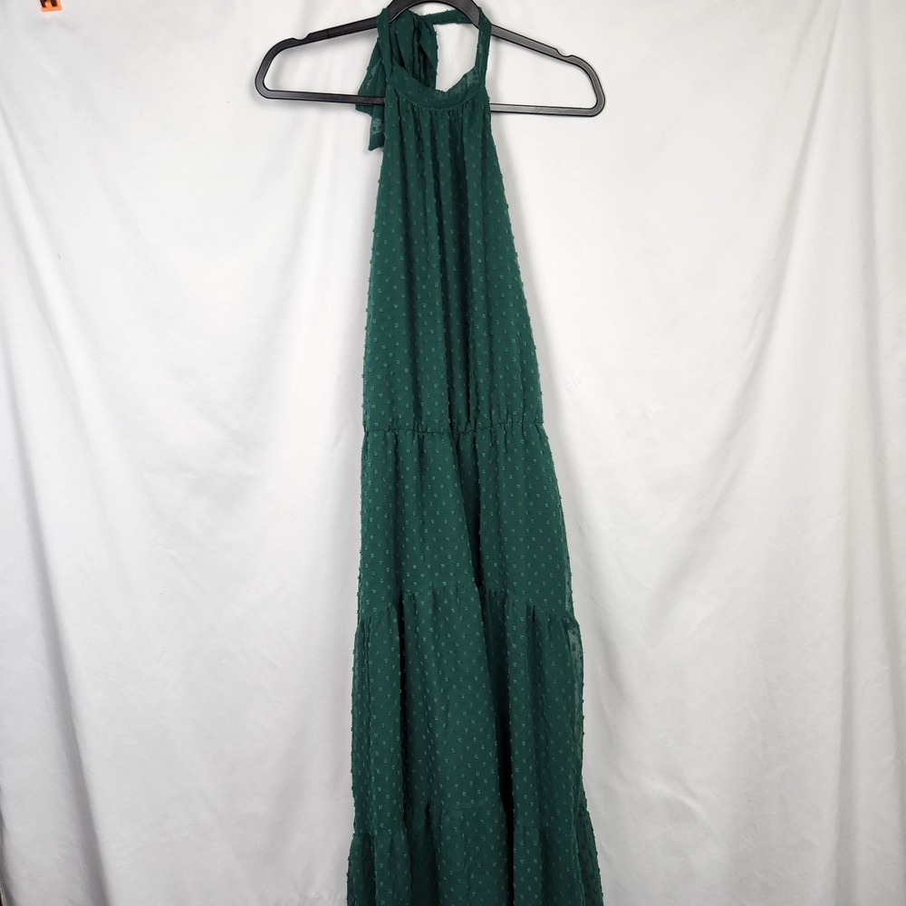 Womens Sleeveless Swiss Dot Long Halter Dress Medium Deep Green Backless‎